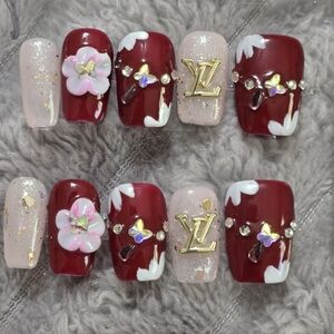 Designer INSPIRED Red & Blush Floral Rhinestone Press-On Nails
